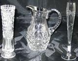 Small Crystal Footed Vase, Cut Crystal Pitcher and Princess House "Heritage" Etched Crystal Vase