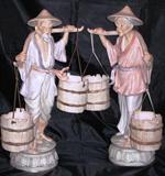 Pair Oriental Ceramic Water Barriers Figurines with Removeable Buckets (20"H x15"W including Buckets)