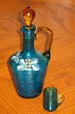 Blown Hand Painted Teal Art Glass Ewer with Amber Accent Stopper and Handle w/Mug Style Liqueur/Shot Glass.