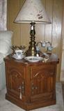 Hexagon Drum Style Oak Finish Table. Shown with Brass Table Lamp and 50th anniversary items