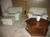 Pair of White Leatherette Easy Chairs & Ottoman. Show with the Oak Finish Hexagon Coffee Table