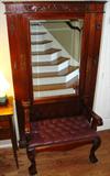 Peir Mirror Style Hall Tree with Tufted Cushion Leather Seat. Bevel Mirror and Cabriole Legs w/Ball & Claw Feet (79 1/4"H x 44" W & Seat 22" D)