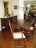 Antique Oak Draw-Leaf Table with 4 Side & 2 Arm Chairs and Sideboard