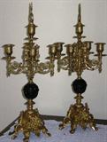 Italy Ornate Brass Candelabra with mmarble Font: 5-arm w/center holding candle snuffer