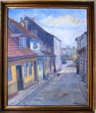 Original Oil on Canvas signed Alfred Dahlsen 1937 (19" x 23") Street Scene.  Signature of artwork follows.