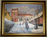 Original Signed Ras '68 Oil on Canvas Framed (18" x 24") a winter street scene