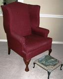 Best Chair Company Maroon/Burgundy winged Back Chair with  Ball & Claw Feet (2 ea)  Also Shown is a Tpestry Foot Stool with Brass Queen Anne Legs