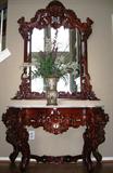Rococo Victorian Reproduction Rosewood Austrian Marble Top Console Table with Mirror