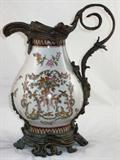 Victorian Inspired Barton& Barton for Bombay Company 15 1/2" Tall, Cherub & Floral Motif Porcelain Pitcher on a Bronze Finish Stand and Neck Spout & Handle