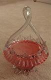 Victorian Cranberry Art Glass Basket - Grount Pontail with Applied Crystal Twisted Handle.