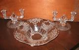 Elegant Glass of the Depression Era. Tri-Footed Bowl and Matching Pair of 2-arm Candle Holders