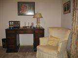 Guest bedroom view of very nice Mahogany Desk and Chair with white Slip Cover