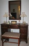 Mahogany 1940's Vanity. Vanity Stool, Pair Depression Glass Cnadlestick Vanity Lamps