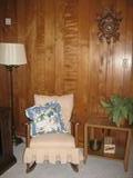 Maple Skirted Upholstered Rocker shown with Mid-Century Cork Top Drexel End Table