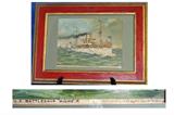 U.S. Battleship "Maine":Colored lithograph matted and gilt/red framed covered by glass of the U.S. Battleship Maine sailing along the coastline, by Fetherston. On bottom right hand inscripted reads: Copyright 1898 by M.F. Tobin, U.S.V. Navy, New York. (19" x 13 3/4" )