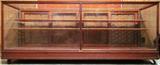 Antique Tiger Oak & Glass Counter Display Case, 2 interior wood shelves with original glass with 4 oak Framed Glass Sliding Doors