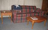Navy & Red Plaid Sofa shown with Oak Queen Anne Style single drawer end table and coffee table