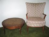 Chanel Back wood trim Queen Anne leg chair. French Provencial 30" Round Coffee Table with Leather Insert