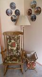 Early American Maple Stencil back Rocker, Brass Adjustable arm Floor Lamp, Terry Redlin's "America The Beautiful" Series Plates