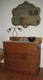 Antique Oak Low Boy Chest shown with Ornate Gold Frame Mirror