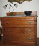 Antique Oak 3 Drawer Low Boy Chest with Back Splash. Original Hardware