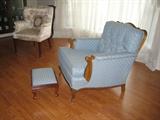 Blue Upholstered Tufted Back Queen Anne Style, Wood Trim Easy Chair shown with Matching Foot Stool