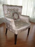 Brocade Ecru tufted Fan Back Ocassional Chair with Rolled Arms.
