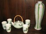 Japan Tea Pot with 5 Tea Cups shown with Opal Essence 12' Green & White Vase