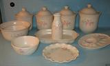 Pfaltzgraff "Tea Rose" Various Serving Pieces, Etc.
4 Piece Canister Set, Mixing Bowls, Utility Baker, Devil Eagg Platter, Quiche Pan and Milk Bottle