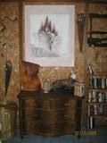 Oak Serpentine Front Low-Boy Chest shown with Southwest Original Art on Canvas, Large Hand Carved Cypress Indian Leopard Figurine, etc.