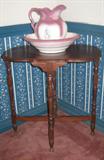 Depression Era Lamp Table. Walnut turned Legs and Cross Stretcher. Shown with Ceramic Mauve Airbrushed on white with rose decal Pitcher and Bowl Set