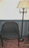 Mid Century Bent Wood Upholstered Chair. Shown With Black Metal Floor Lamp