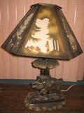 Charging Boar Hand Carved Black Forest Germany Lamp with Original Shade.