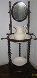 Mahogany Stained Reproduction Wash Stand show with White Porcelain Pitcher and Bowl Set