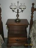 Maple Night Stand show with 2-Arm Table Lamp with Milk Glass Shade