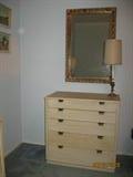 Drexel one of two 5 Drawer Mid-Century Chest show with 1 of 2 Candle Stick Lamps and a Gold Frame Mirror