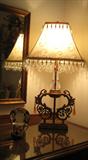 Ornate Fretwork Metal Lamp with Faux Crystal Font and Prisms and Beaded Fringe Shade