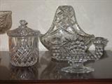 Crystal Biscuit Barrel, American Fostoria Candle Holder and Bohemian Cut Crystal Basket