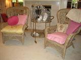 Closeup View of Wicher Chairs and Vintage Tea Cart