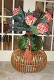 Rattan Ottoman with Green Bottle and Silk Hydrangas