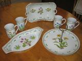 Collection of Georges Briard Porcelain: 4 Coffee Mugs Tidbit Tray w/Center Handle, Asparagus Tray and Platter.