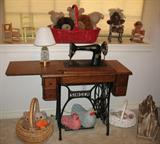 Antique Singer Sewing Machine with Oak Cabinet and Wrought Iron Base. Shown with Doll Furniture and bear Collection