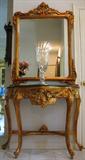 Demi Lune Green Marble Top Gold Leaf Table with Large Console Mirror