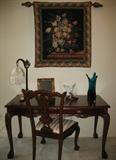 Mahogany Finish Chippen Dale Style Bureau Platt Desk with Matching Chair. Above 43"x37" Belgium Flanders Tapestery "Bouquet Breughel"