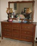 Drexel Furniture French Provenial Style Double Dresser & Mirror show with Matching Brass Lamps with Irridescent Globes