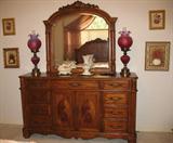Ashley Furniture French Style Double Dresser & Mirror featuring Fenton Cramberry Lamps