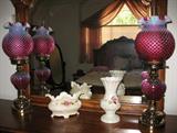 Fenton Cranberry Hobnail Lamps and Fitz & Floyd Porcelain
