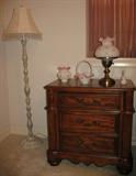 Ashley French style Night Stand Featuring Fenton Hand Painted Lamp, Basket, Vase and Bells