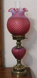 Closeup View of Fenton Gone-With-the-Wind Style Cranberry Hobnail Lamps