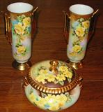 Vera Rose Hand Painted Yellow Rose China. Matched Vases and Candy Box